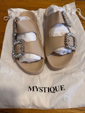 Mystique Boutique Beige Crystal Buckle Slide Sandals